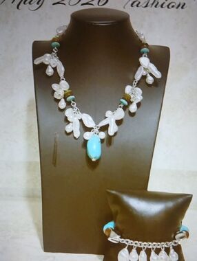 Elegant White Pearl & Turquoise Drop Necklace by
